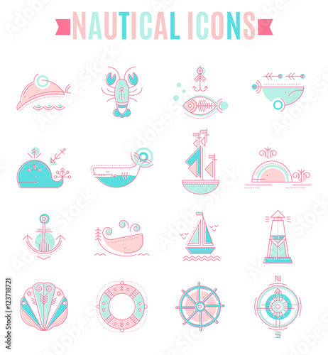 Nautical icon set, minimalistic flat design with thin strokes