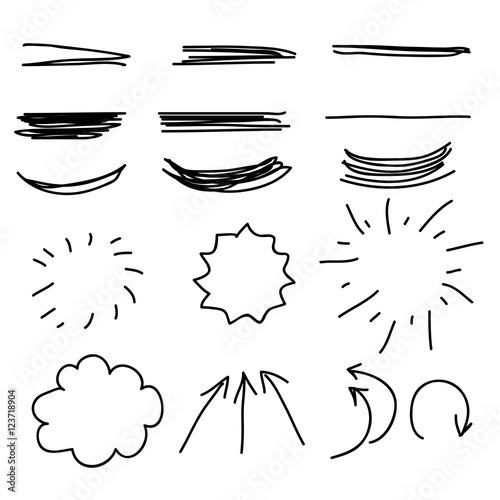 Hand drawn scribble, set of doodles, lines, accentuation, arrows, frames and speech bubbles, isolated on white background. Vector illustration.