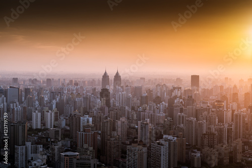 city skyline in sunset shanghai