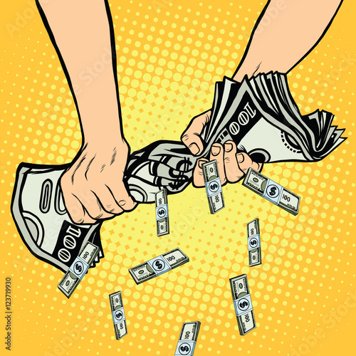 Financial profit, hands squeeze out of the money dollars