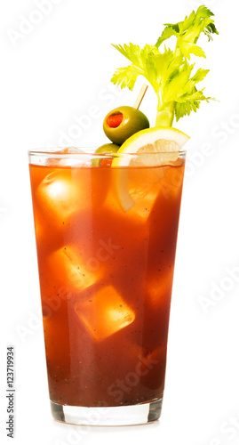 Traditional Bloody Mary cocktail  with celery lemon and olive garnish isolated on white background