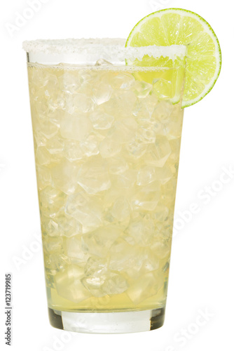 Tall double margarita cocktail with salt and lime garnish isolated on white background for use alone or as a design element