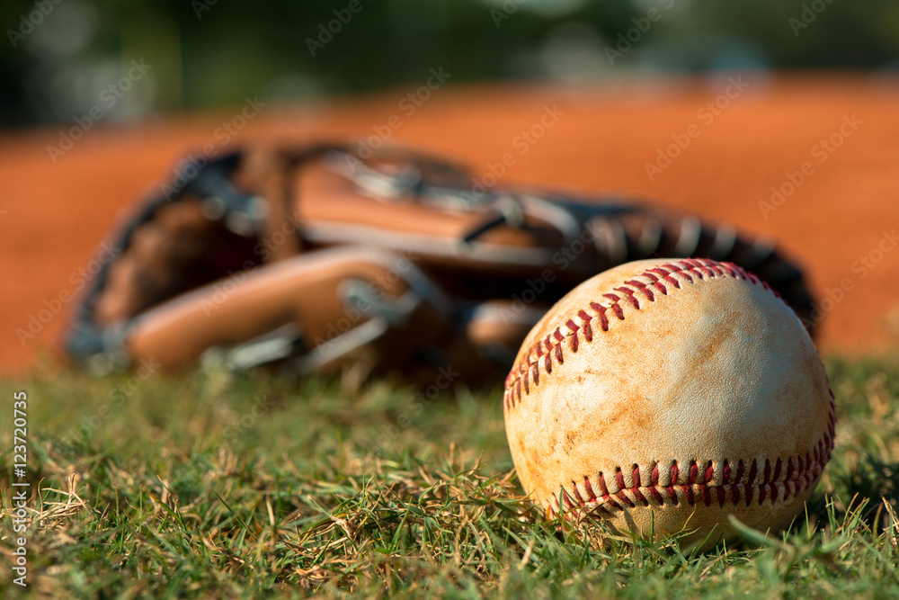 Baseball mitt glove with ball on grass field with red dirt infield