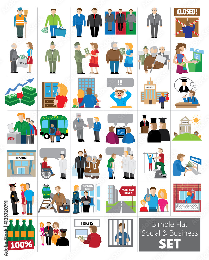 Simple Flat social and business set. 40 icons about business, sport, social aid, jobs, election.
