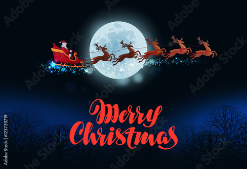 Merry Christmas greeting card. Santa Claus flies in sleigh pulled by reindeer