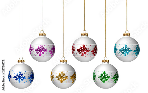 Snowflake design on white glass Christmas tree ornaments isolated on white background for use alone or as design element