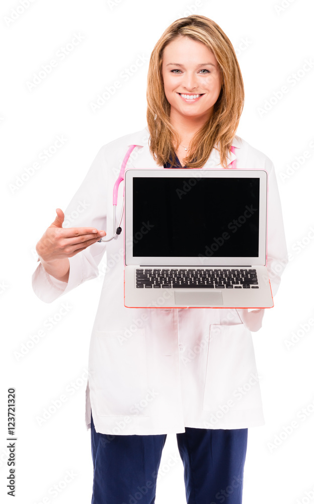Woman Doctor Nurse with Laptop Computer isolated on white background Woman Doctor Nurse with Laptop Computer isolated on white background