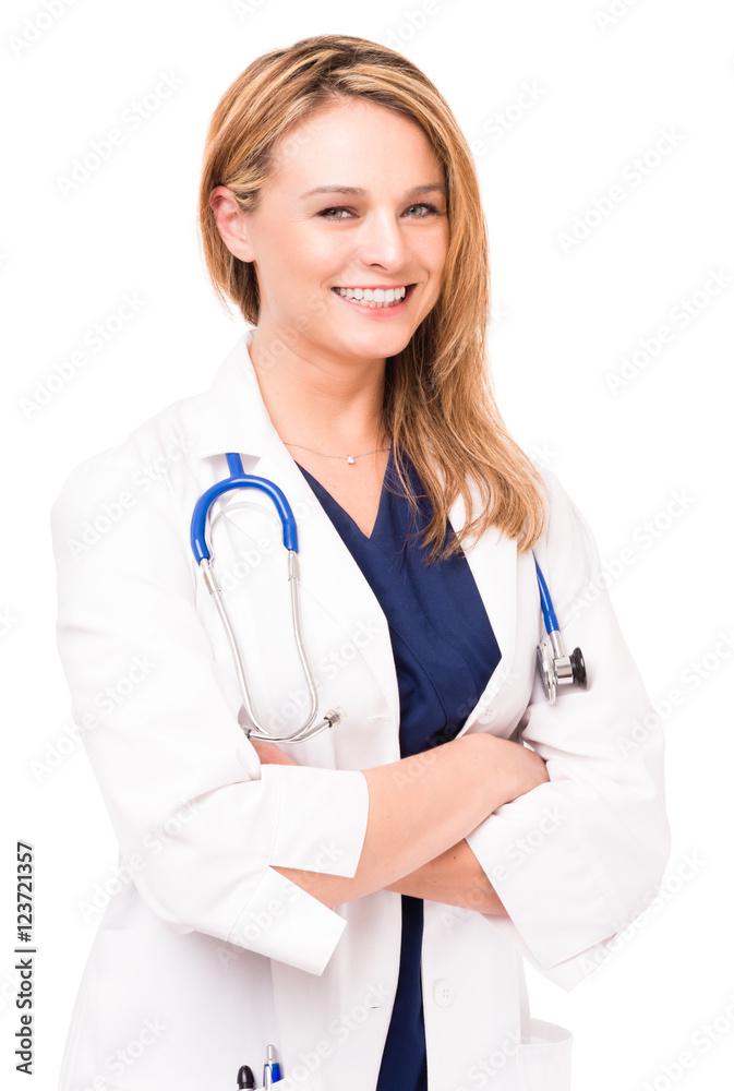 Woman Doctor Nurse with Arms Crossed isolated on white background Woman Doctor Nurse with Arms Crossed isolated on white background