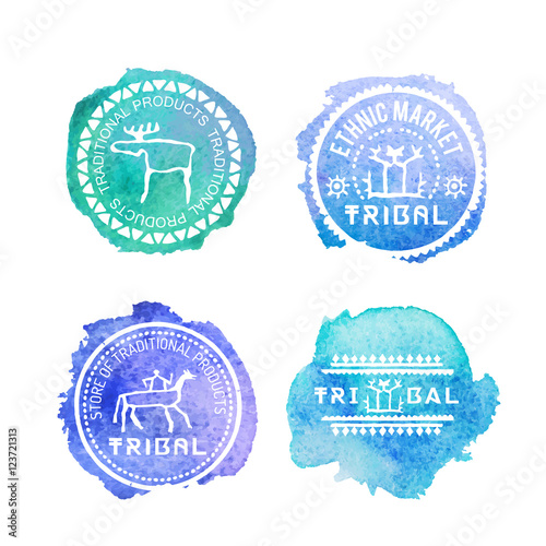 Set of 4 tribal style badges with hand drawn illustrations and text photo