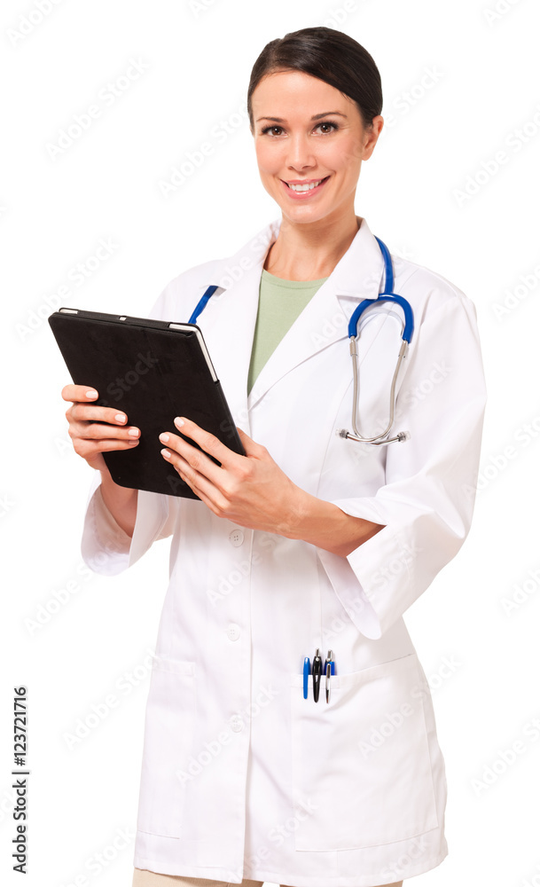 Doctor Nurse Holding Tablet Computer isolated on white background Doctor Nurse Holding Tablet Computer isolated on white background