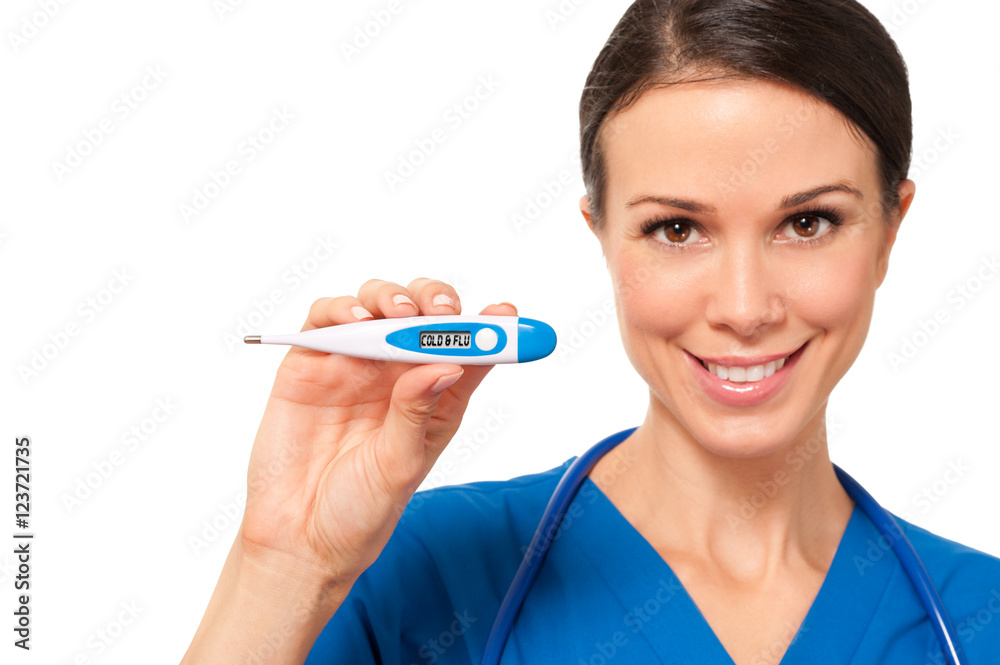 Doctor Nurse Holding Digital Thermometer isolated on white background Doctor Nurse Holding Digital Thermometer isolated on white background