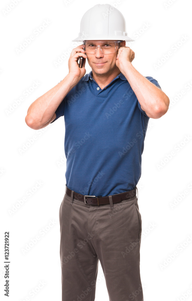 Causal Businessman Architect Engineer with Mobile Phone isolated on white background Causal Businessman Architect Engineer with Mobile Phone isolated on white background