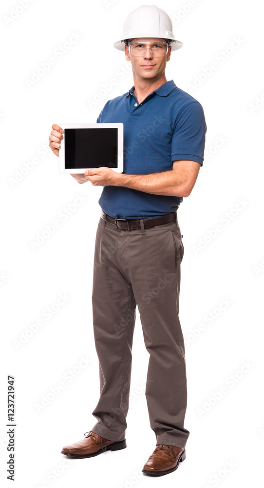 Causal Businessman Architect Engineer in blue polo shirt Showing Digital Tablet isolated on white background Causal Businessman Architect Engineer in blue polo shirt Showing Digital Tablet isolated on white background