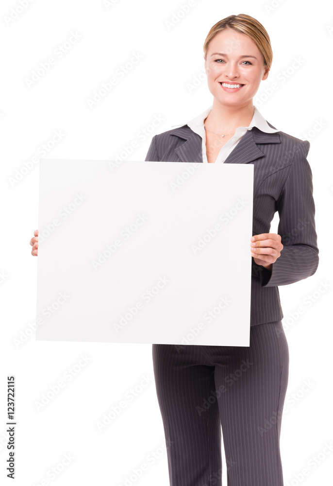 Young Blonde Businesswoman Holding Blank Sign isolated on white background Young Blonde Businesswoman Holding Blank Sign isolated on white background