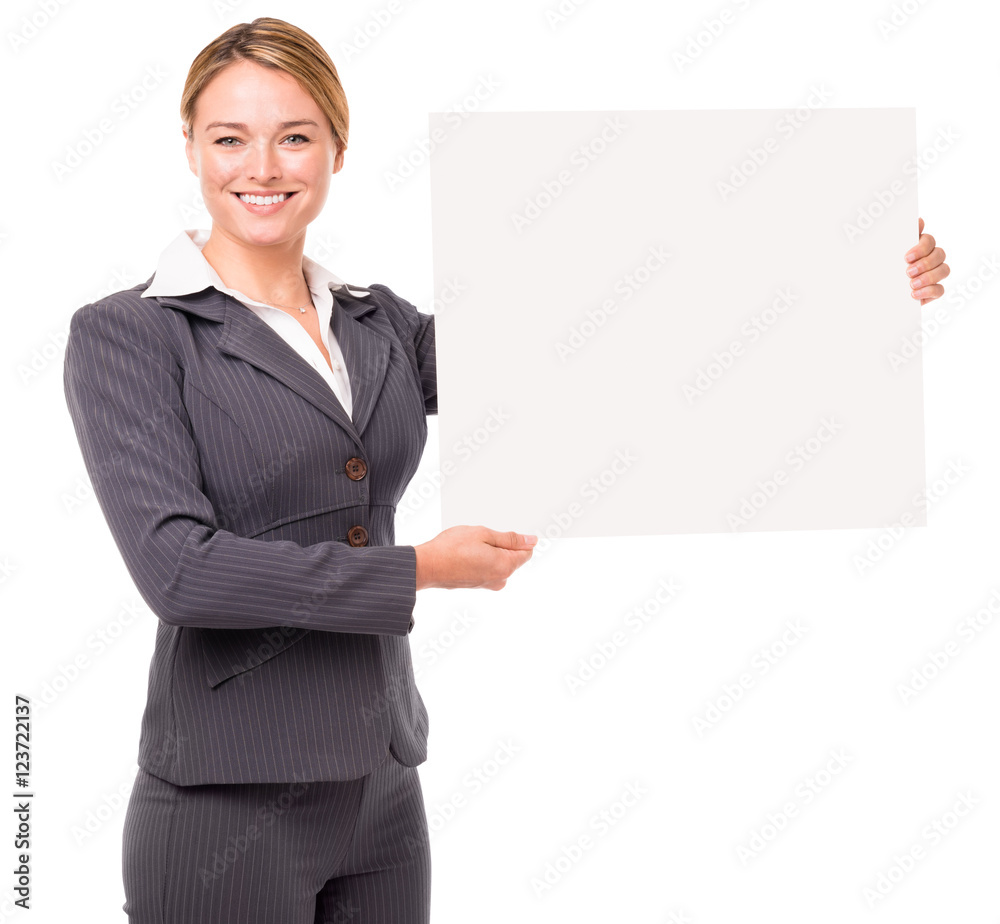 Young Blonde Businesswoman Holding Blank Sign isolated on white background Young Blonde Businesswoman Holding Blank Sign isolated on white background