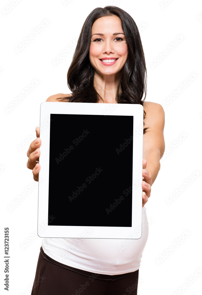 Pregnant woman Digital Tablet isolated on white background Pregnant woman Digital Tablet isolated on white background