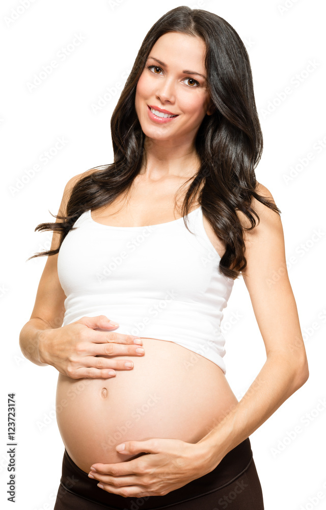 Pregnant woman holding belly isolated on white background Pregnant woman holding belly isolated on white background