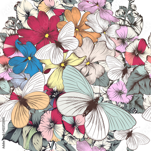 Pattern with vintage flowers and butterflies for design