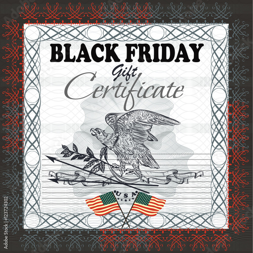 Black friday gift certificate with flag, USA eagle