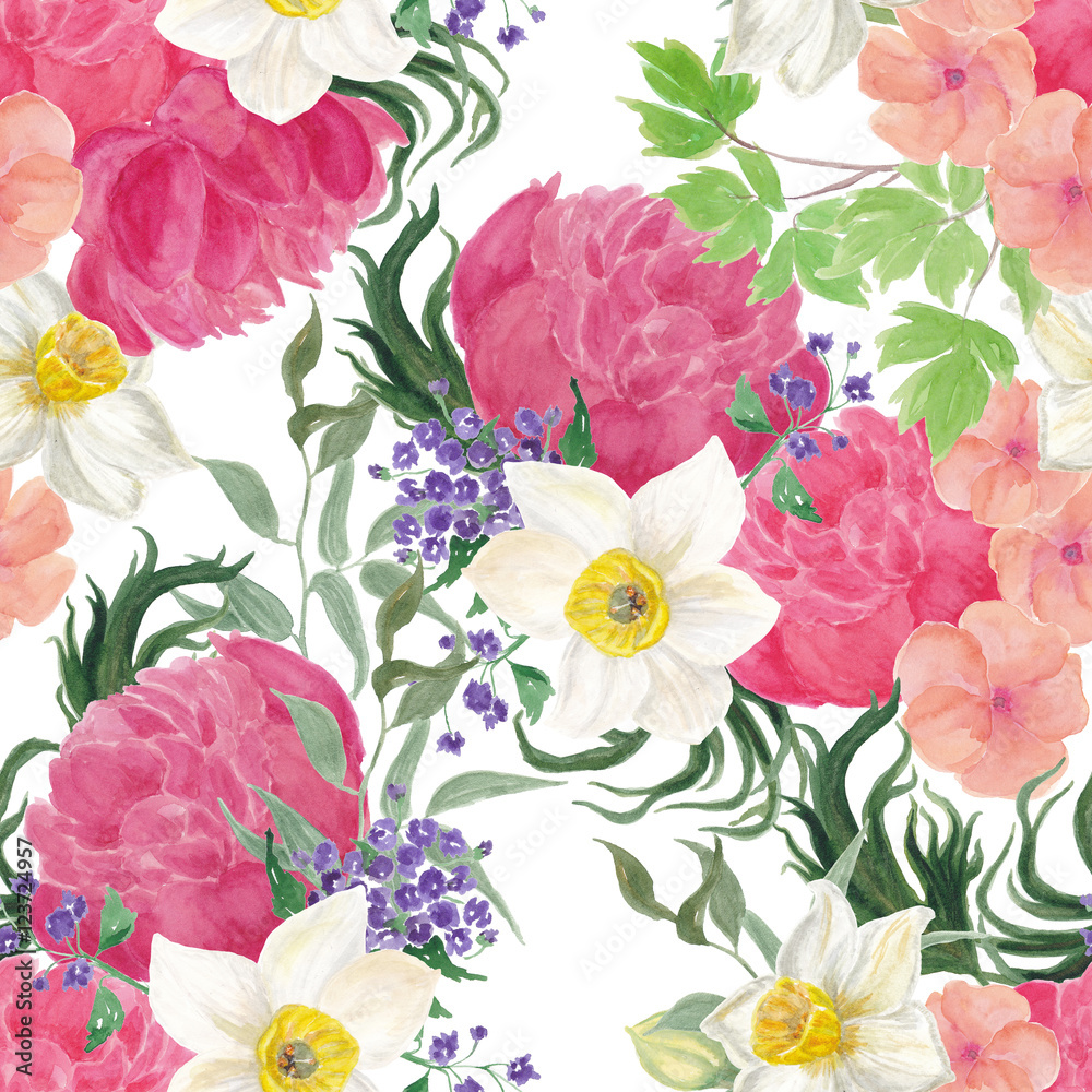 Obraz Wzór z pięknymi kwiatami piwonii. Akwarela malarstwo