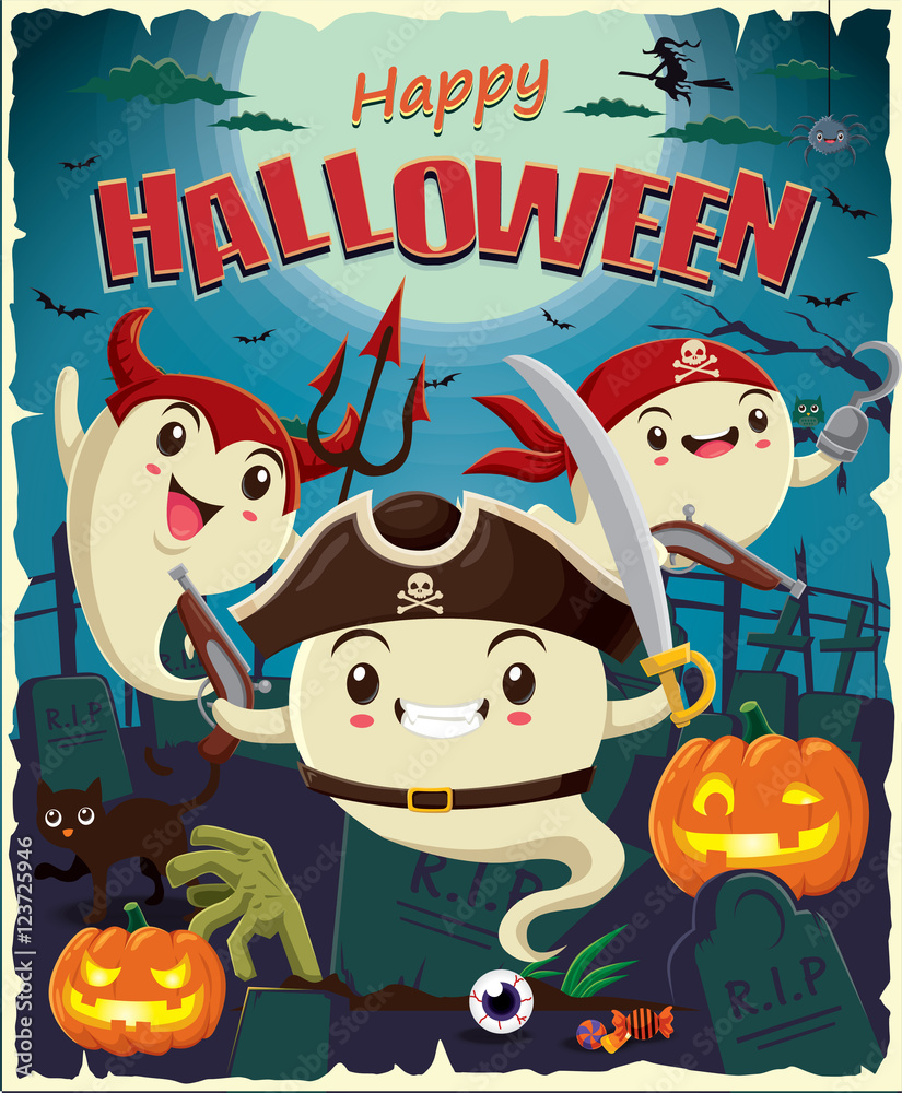 Obraz premium Vintage Halloween poster design with vector pirate & devil character.