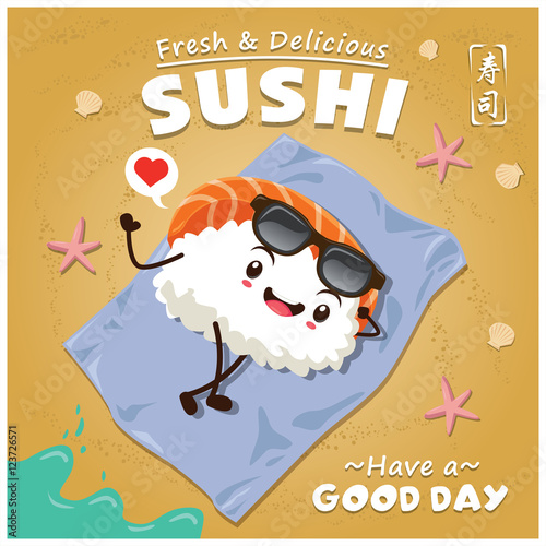 Vintage Sushi poster design with sushi character. Chinese word means sushi.