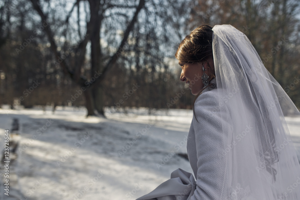Pretty brunette bride walks through the snowed backyard Pretty brunette bride walks through the snowed backyard