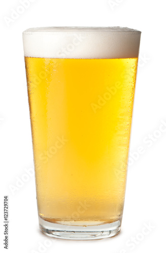 Fotografie, Tablou Foam head pint of light lager pilsner beer isolated on white background for use