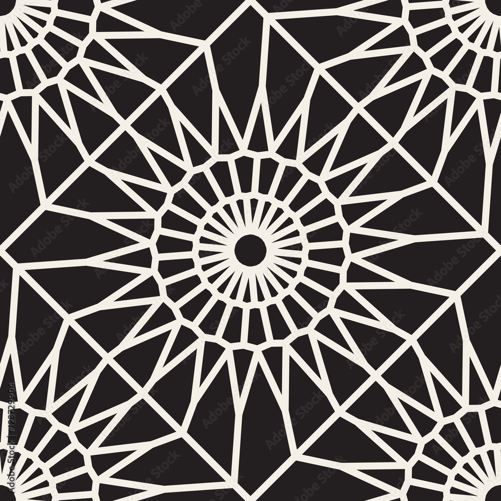 Vector Seamless Black and White Rounded Lace Ornamental Pattern