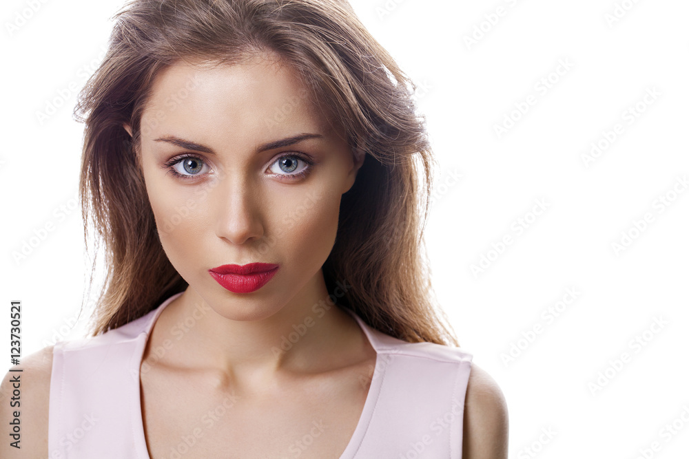 Beautiful woman face close up portrait studio on white Beautiful woman face close up portrait studio on white