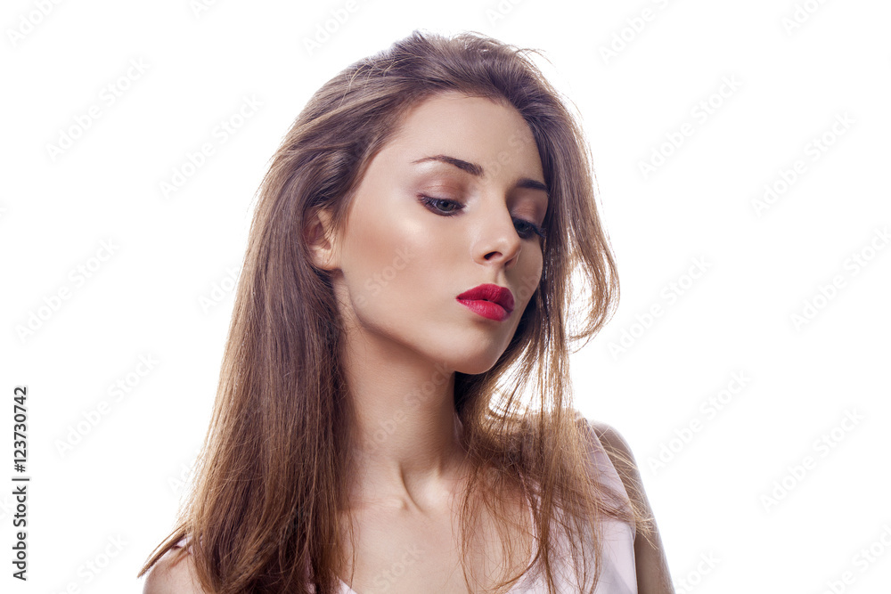 Beautiful woman face close up portrait studio on white Beautiful woman face close up portrait studio on white