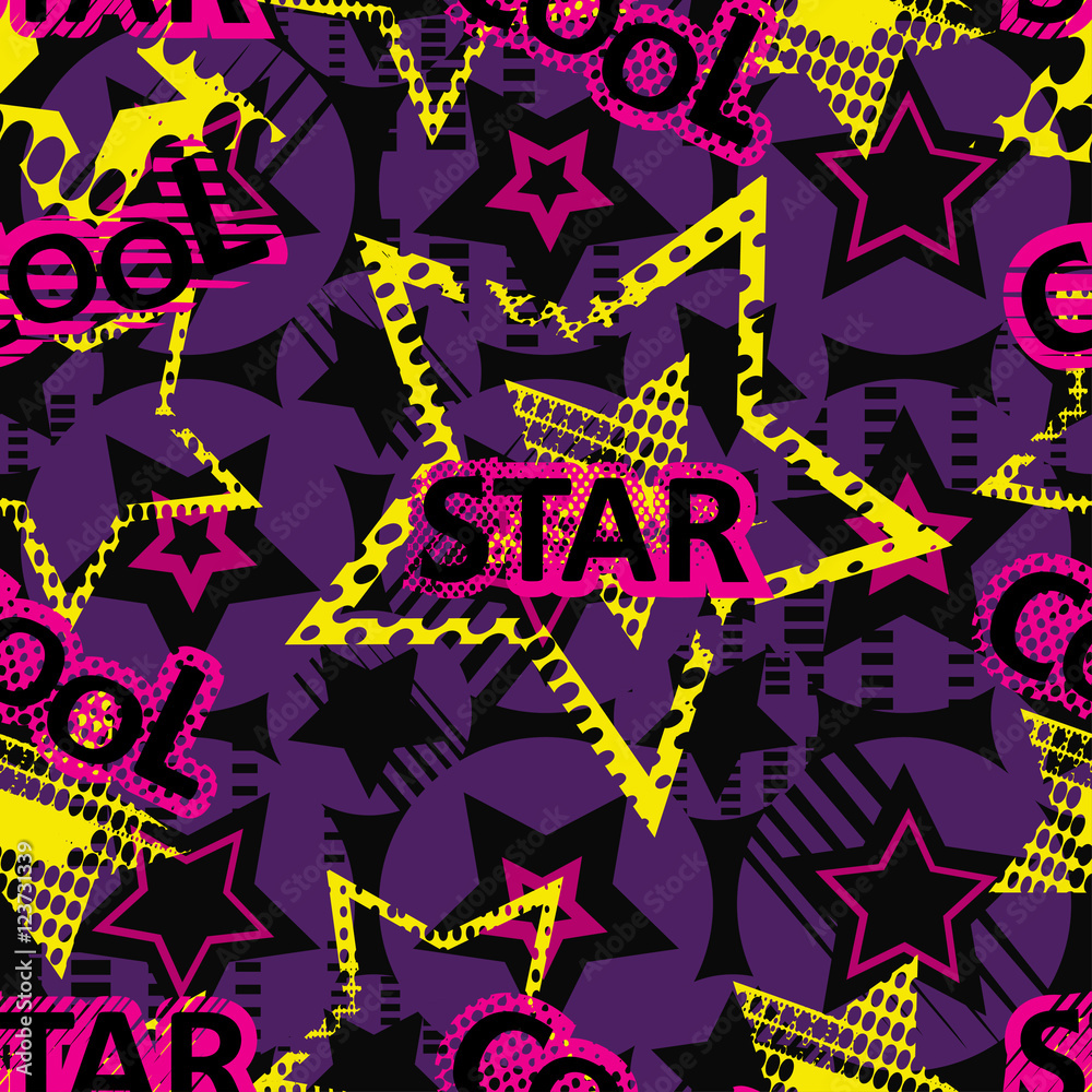 Abstract seamless pattern for girls, boys, clothes. Creative vector background with dots, geometric figures, inscriptions, stars.Funny wallpaper for textile and fabric. Fashion style. Colorful bright.