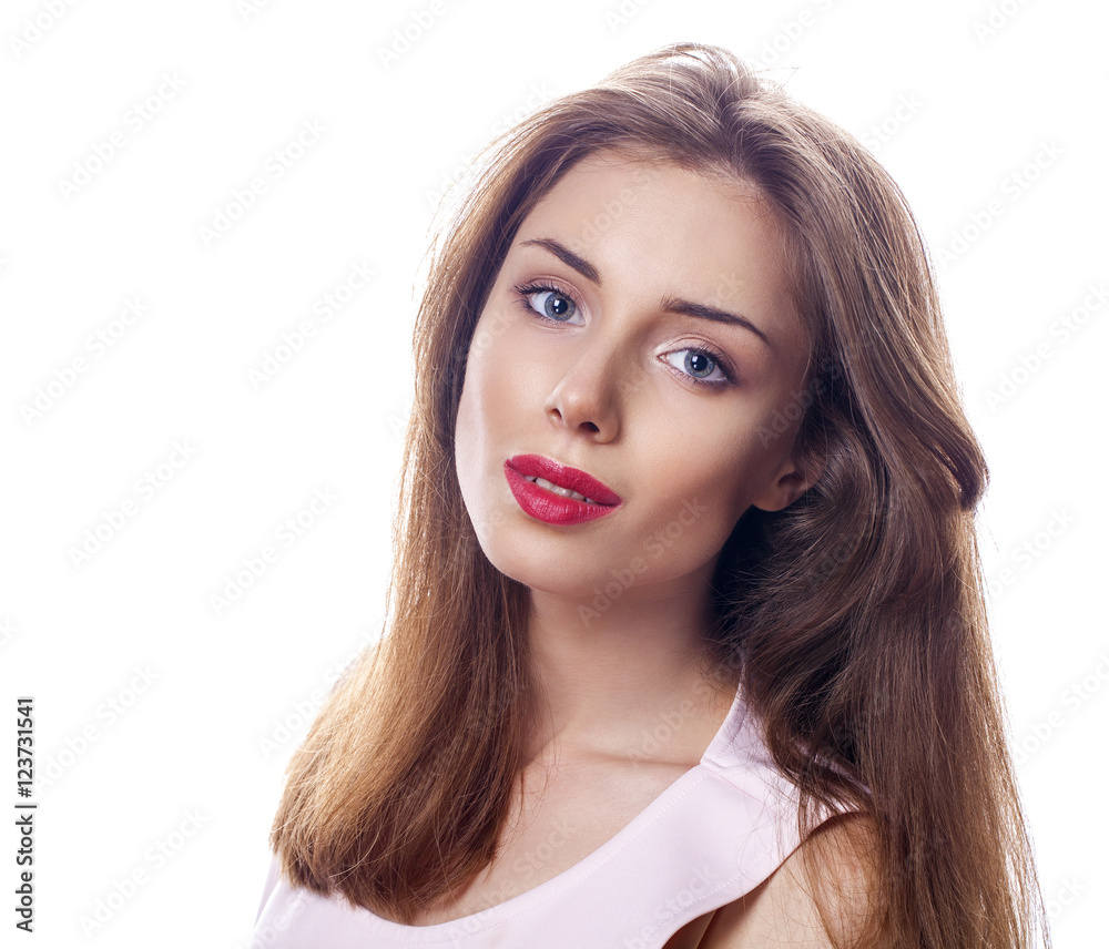 Beautiful woman face close up portrait studio on white Beautiful woman face close up portrait studio on white