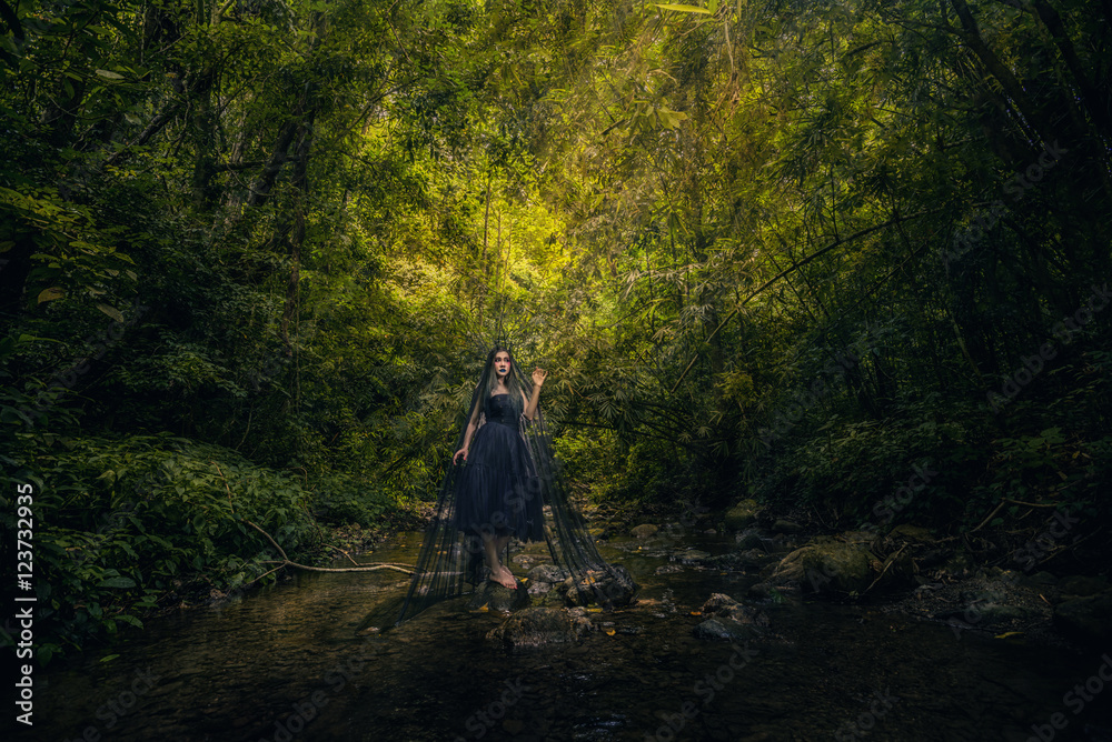 Model girl in a black dress and butterfly, dark evil ,queen snea