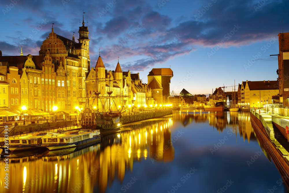 Cityscape of Gdansk in Poland, panorama night city


