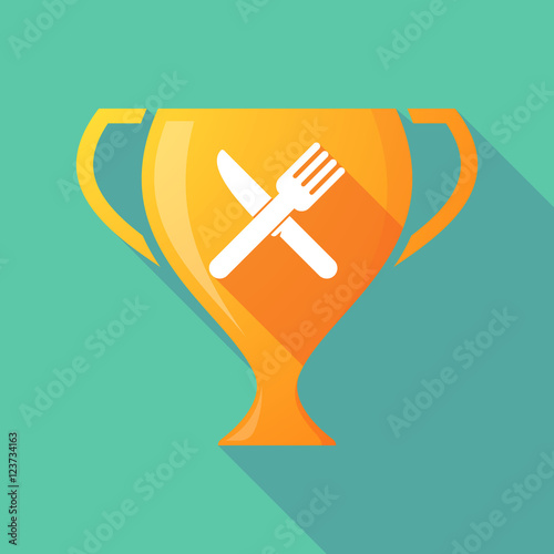 Long shadow gold award cup with a knife and a fork