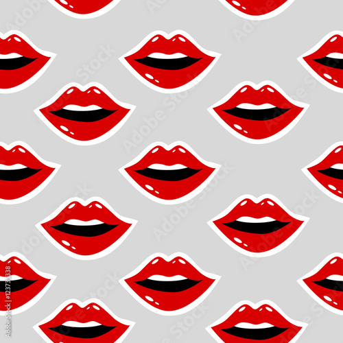 Cosmetics and makeup seamless pattern. Closeup beautiful lips of woman with red lipstick and gloss. Sexy wet lip make-up. Open mouth. Sweet kiss.Funny wallpaper for textile and fabric. Fashion style.