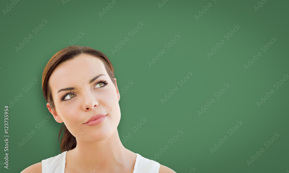 Attractive Young Woman Looking Up to Blank Chalk Board Attractive Young Woman Looking Up to Blank Chalk Board