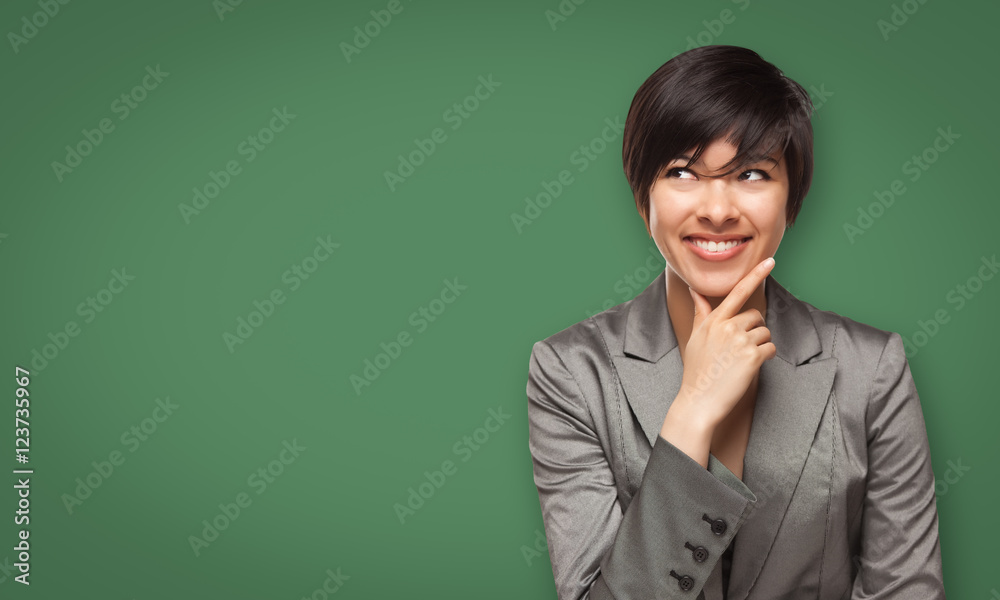 Attractive Young Mixed Race Woman Looking Up to Blank Chalk Board. Attractive Young Mixed Race Woman Looking Up to Blank Chalk Board.
