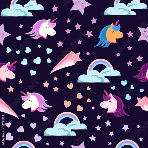 Abstract seamless pattern for girls  boys.Creative vector background with unicorn  hearts.Funny wallpaper for textile and fabric.Fashion style.Colorful bright picture for children.Pink  yellow  blue
