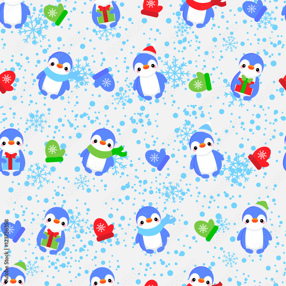 Naklejka premium Abstract seamless pattern for girls, boys, clothes. Creative vector background with dots, penguins, snowflakes, gifts.Funny wallpaper for textile and fabric. Fashion style. Colorful bright.