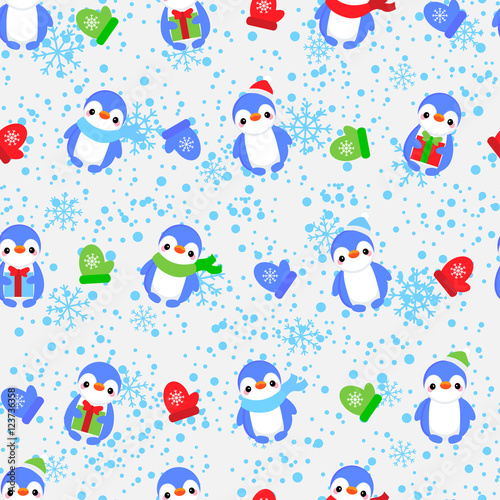 Abstract seamless pattern for girls  boys  clothes. Creative vector background with dots  penguins  snowflakes  gifts.Funny wallpaper for textile and fabric. Fashion style. Colorful bright.