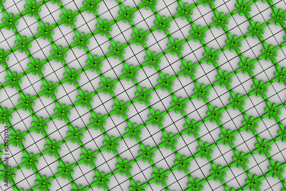 Fototapeta premium White gift boxes with green ribbon bow