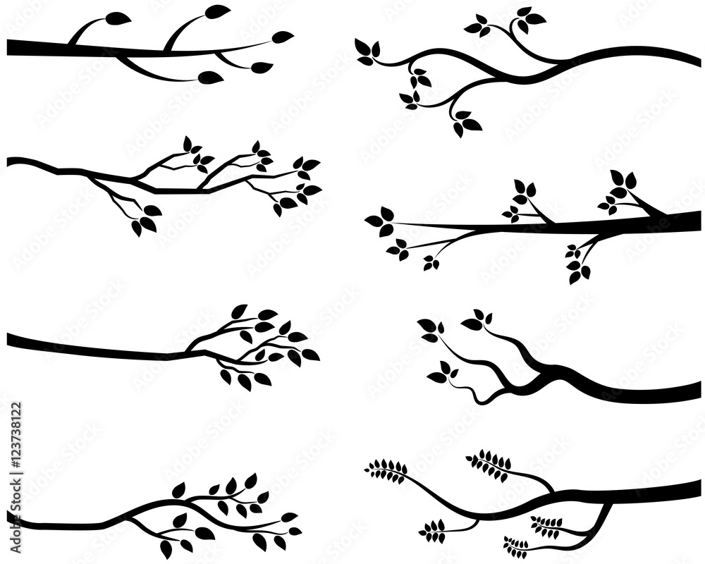 Cartoon vector black tree branch silhouettes - obrazy, fototapety, plakaty 
