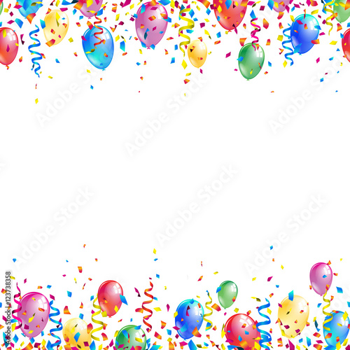 Bright seamless celebration borders with colorful balloons, ribbons and confetti. Vector illustration.