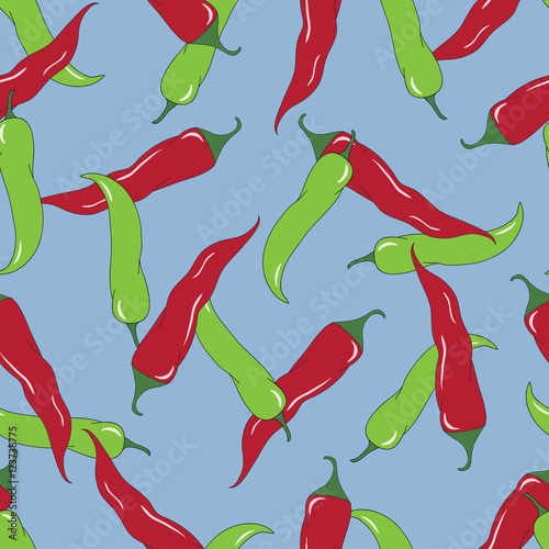 Seamless abstract hand-drawn pattern with green and red chili peppers