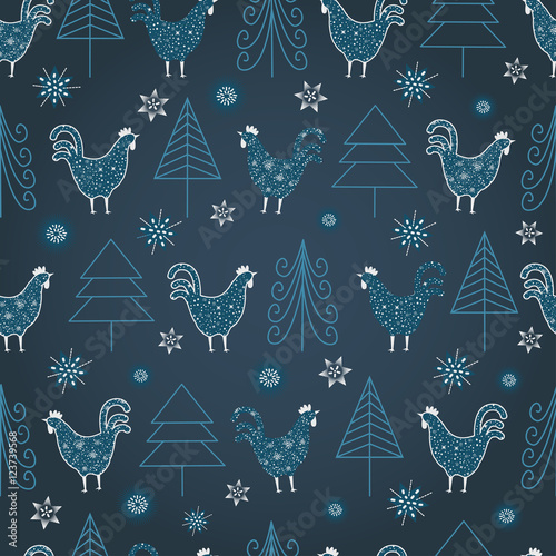 Abstract seamless pattern for girls,boys, clothes. Creative vector background with cock, chicken, trees.Funny wallpaper for textile and fabric. Fashion style. Colorful bright. Green wrap