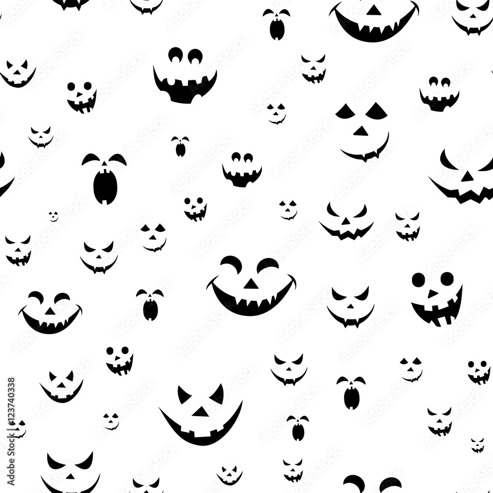 Fototapeta premium Abstract seamless pattern for girls,boys, kids, halloween, clothes. Creative vector background with scary face, smile. Funny wallpaper for textile and fabric. Fashion style. Colorful bright.White