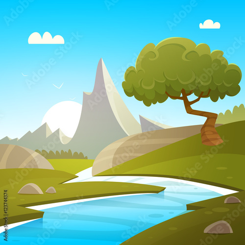 Cartoon illustration of summer landscape with river and mountain in  background. Stock Vector | Adobe Stock
