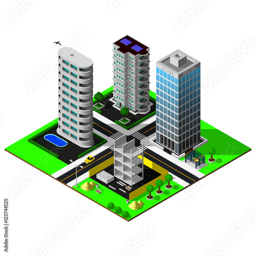 Isometric city. Map includes business center, offices, hotel, car, street lamp, markings, constraction and skyscrapers. 3d map icon.